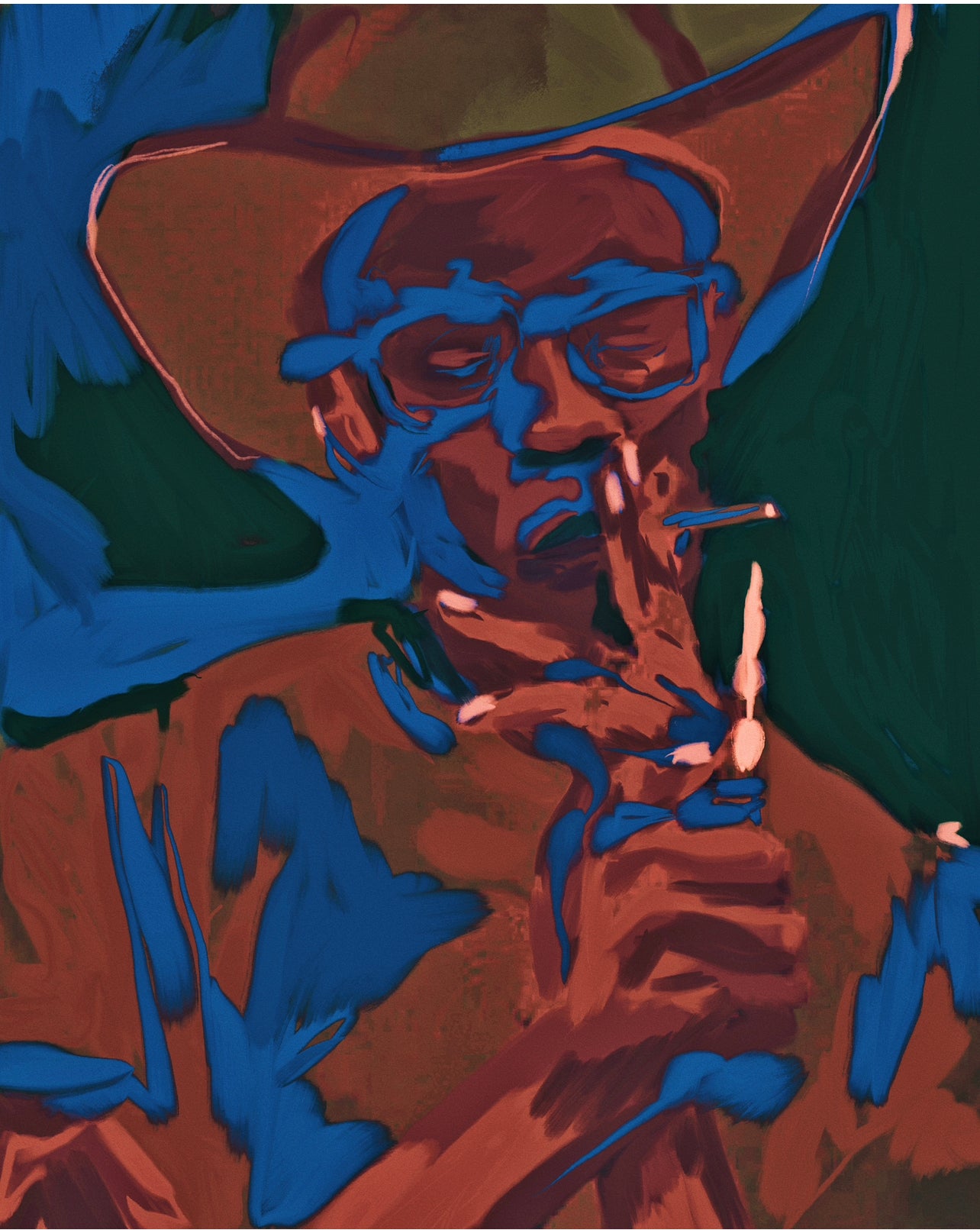 Abstract painting of Multi colored cobalt blue, dirt red and country green black cowboy smokes a cigar. 